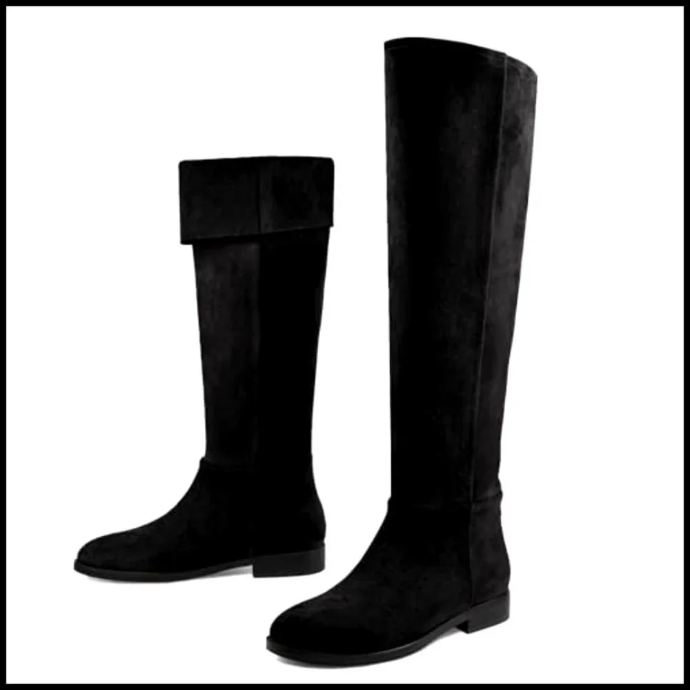 Suede Convertible Knee High Boots Fold Over Slouchy Flat Round Toe - Picture 6 of 7